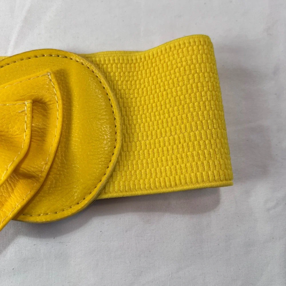Yellow Elastic Cinch Waist Belt with Faux Leather Bow Detail Snap Closure 25.5in